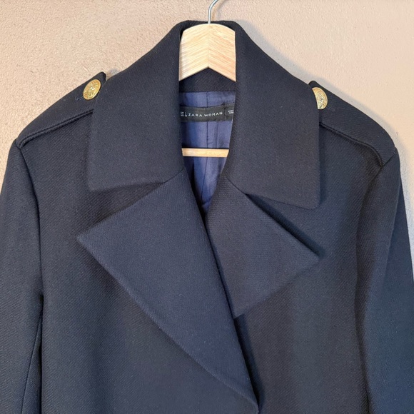 Zara Women's Navy Wool Double-Breasted Peacoat with Gold Buttons Size Large - Picture 4 of 14